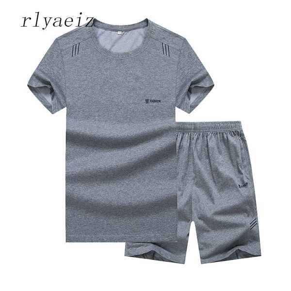 

rlyaeiz 2018 new sportswear men summer set mens tracksuit striped tshirts + shorts casual sporting suits oversized 6xl 7xl 8xl, Gray