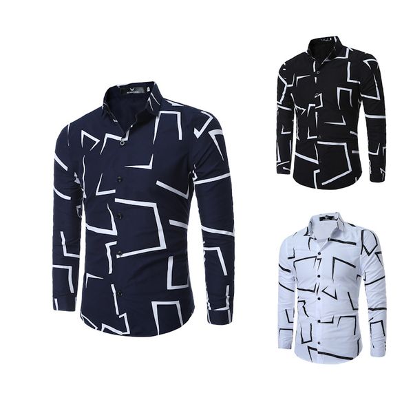 

spring men's casual shirts printing leisure men's shirts lapel cotton long sleeve slim fit black, White;black