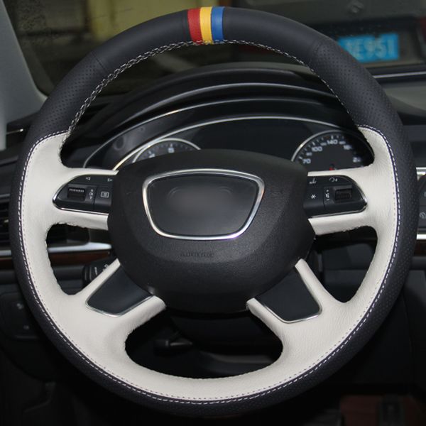 

diy hand sewing black white genuine leather red yellow blue marker steering wheel cover for audi a3 a8 q7 q3 q5 a4 a6