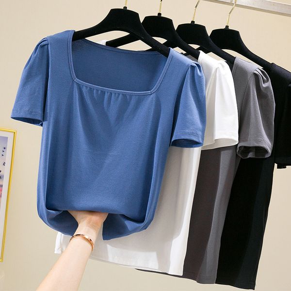 

women t shirt summer puff short sleeve square collar ladies tees solid color high elastic female, White