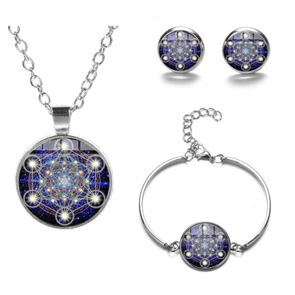 

sacred geometry metatron cube jewelry sets mysterious cosmic sign flower of life statement necklace bracelet earrings set, Slivery;golden