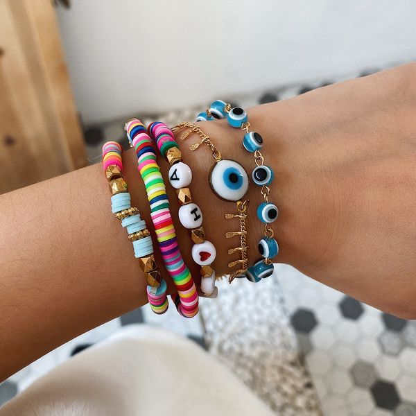 

5 pcs/set vsco girl bead bracelet bohemia ethnic style hand evil eye charm bracelet female creative ceramic beads letter bracelet set, Golden;silver