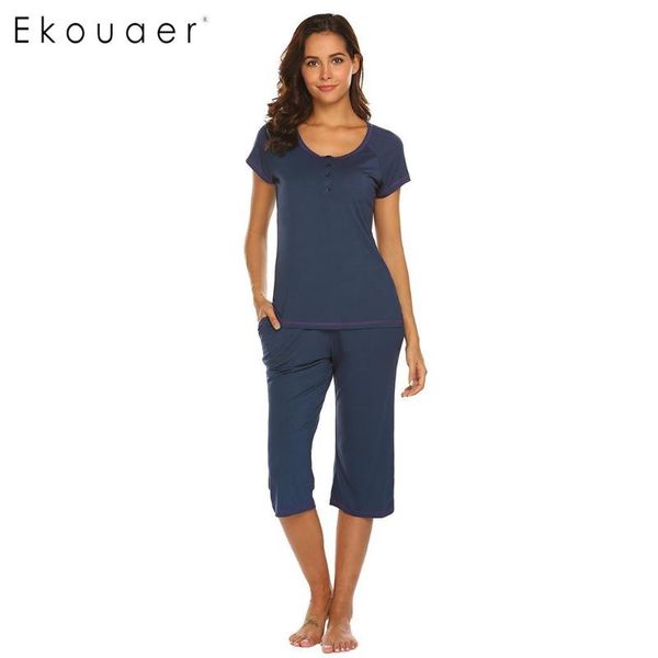 

ekouaer short sleeve pajamas set women sleepwear suit solid round neck nightwear pajama sets ladies soft home wear clothes, Blue;gray