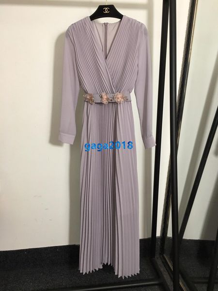 

high end женщины девушки длинное платье платье v-образным вырезом бусины цветочный пояс с длинным рукавом a-line юбка милан взлетно-посадочн, Black