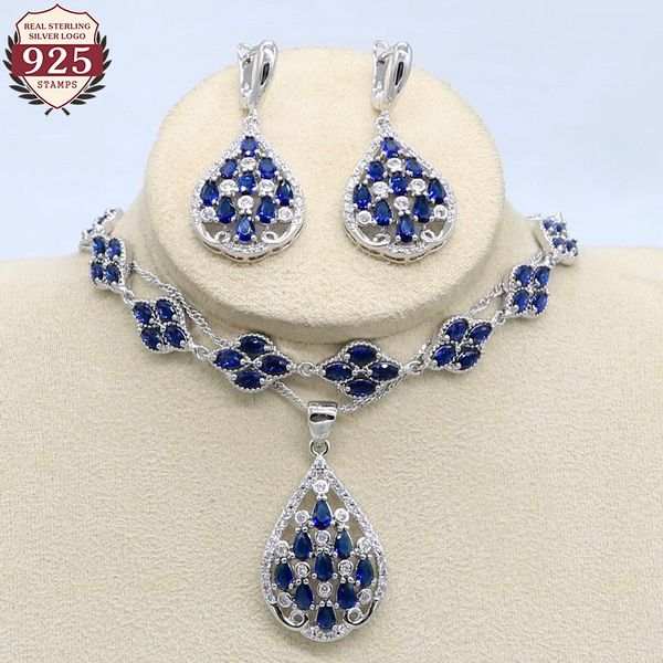 

classic 925 silver jewelry sets for women wedding blue semi-precious bracelet necklace pendant earrings gift box