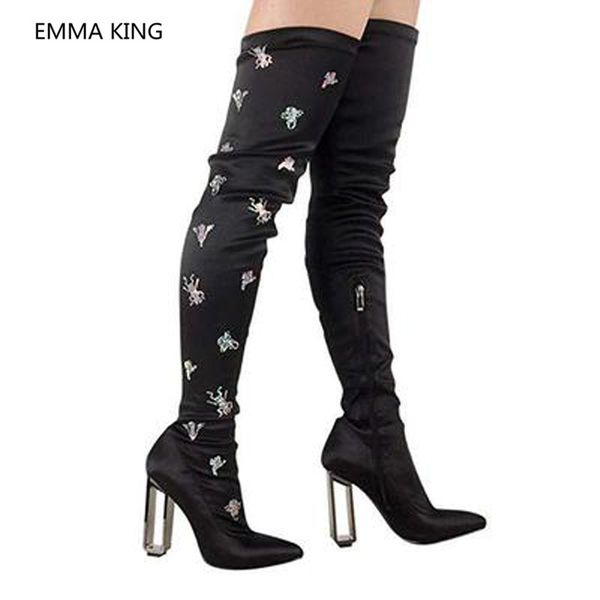 

runway women over the knee boots embroidered party designer shoes woman pointed toe clear high heels thigh high socks boots, Black