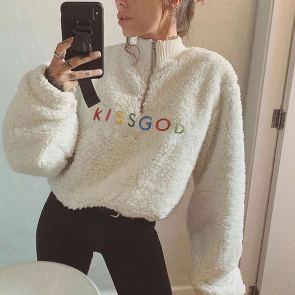 

women fleece turtleneck sweatshirts kissgod letter embroidery long sleeve drawstring crop pullover winter teddy fur sweatshirts, Black