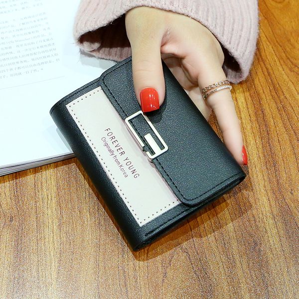 

small women leather wallets short fashion tri-fold wallet ladies cute small coin purse student designer kawaii passcard pouch, Red;black
