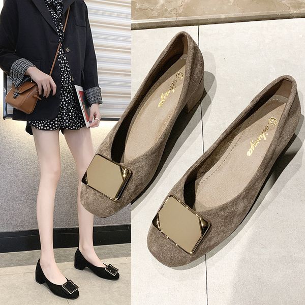 

square toe thick heels women shoes woman 2020 new professional single shoes suede square buckle slip on shallow casual, Black