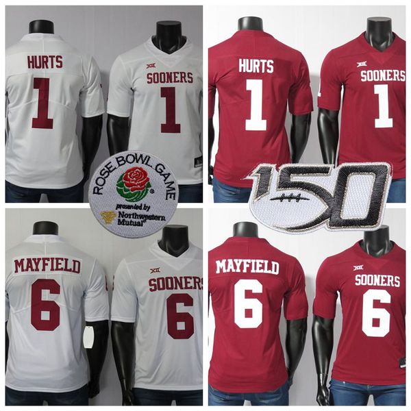 

ncaa oklahoma sooners jerseys 6 baker mayfield jersey 1 jalen hurts 2019 new white red college football jersey stitched 150th, Black