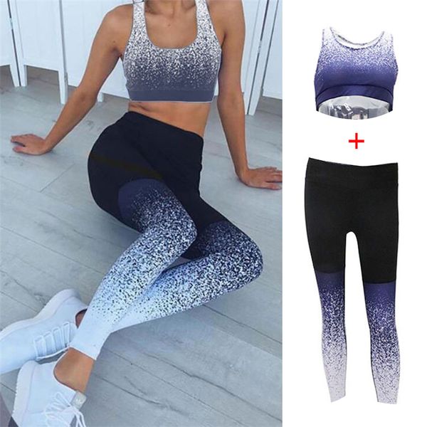 

2pcs/set women yoga suits gradient star digital printed stretch yoga hip high waist leggings running fitness sportsuit, White;red