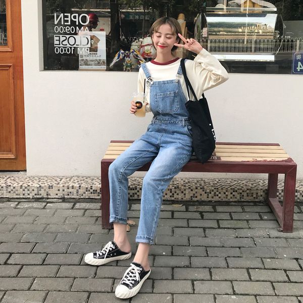 

2019 брюки cec новый стиль весна одежды корейский стиль straight-cut сыпучие по возраст cute интернет celebrity похудения cowboy suspender, Blue