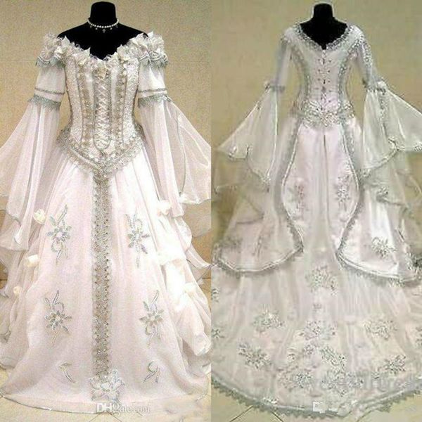 

2020 medieval wedding dresses witch celtic tudor renaissance costume victorian gothic off the shoulder long sleeve wedding bridal gowns, White