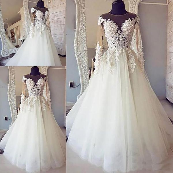 

long sleeves lace ball gown wedding dress plus size sheer neck country bridal dress vestidos de novia, White