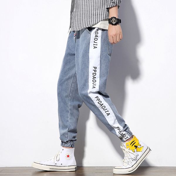 

5xl men jeans pants casual denim pants men vintage casual 2019 autumn plus size print patchwork denim jeans, Blue