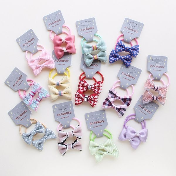 

2 pcs new all-match brown lattice bowknot princess kids elastic hair bands baby headdress children ropes girls hair accessories, Slivery;white