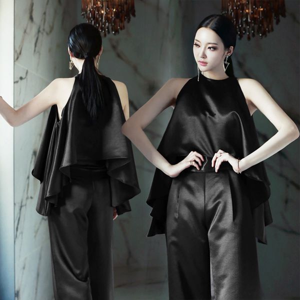 

2 two piece set women satin o neck crop and long pants set outfits black summer sleeveless women conjunto feminino 2019, White