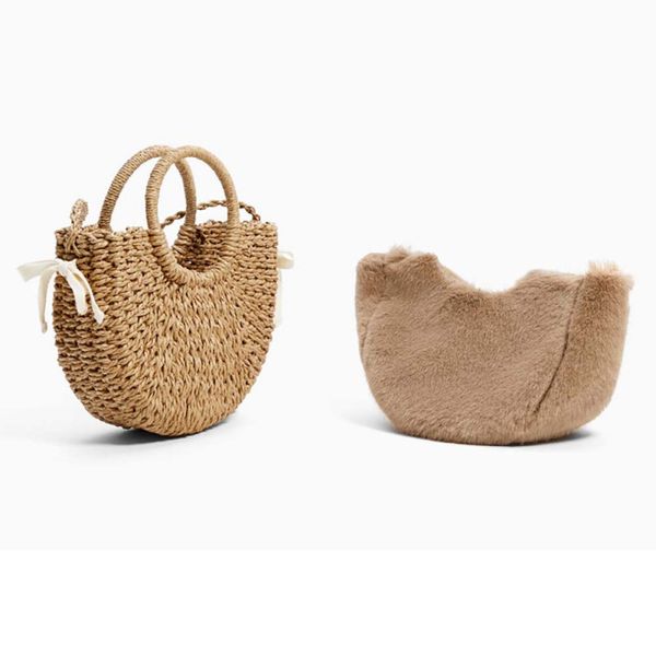 

winter women's woven bag plush straw small handbag plush jacket mini basket straw bag for shopping and beach bags new