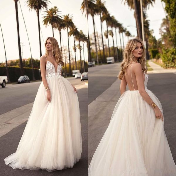

2019 berta wedding dresses boho beautiful spaghetti straps a-line sleeveless lace appliques backless plus size wedding bridal gowns, White