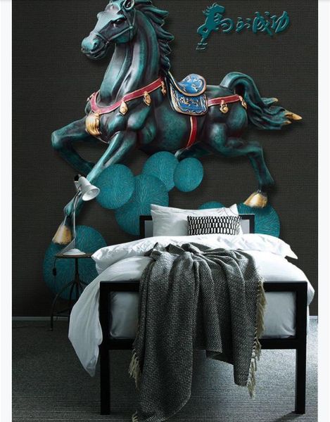 3D personalizzato grande foto murale carta da parati Nuovo cinese astratto 3D rilievo in rilievo cavallo per cavalli successo Feng Shui rotondo portico murale