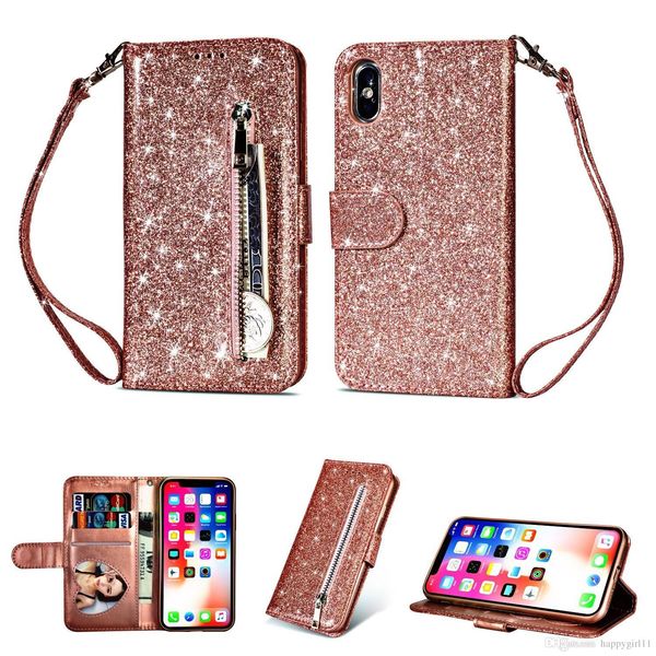 

bling glitter shiny shockproof leather wallet case tpu pu with card slot holder phone case for iphone xs max 7 8 plus opp bag zapper case
