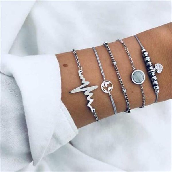 

ahmed 5pcs/set boho heartbeat charm bracelet set for women silver color fashion chain bracelet bangles accessories, Black