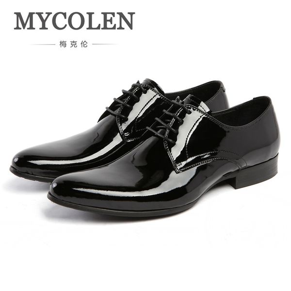 

mycolen spring new men british style patent leather business dress shoes round toe glitter leather wedding banquet shoes, Black