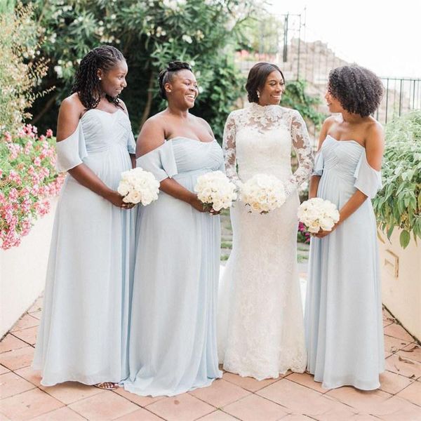 

Plus Size Summer Garden Wedding Bridesmaid Dresses A Line Pleats Off Shoulder Flowy Chiffon Maid of Honor Gowns Cheap Boho Guest Dresses