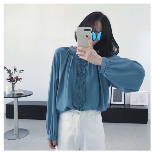 

korean lady chiffon ruffles long sleeve shirt blouse 910352-lz, White