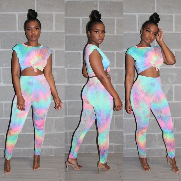 

new fashion tie dye printing women 2 piece outfits set short sleeve t shirts and skinny pants suit, White