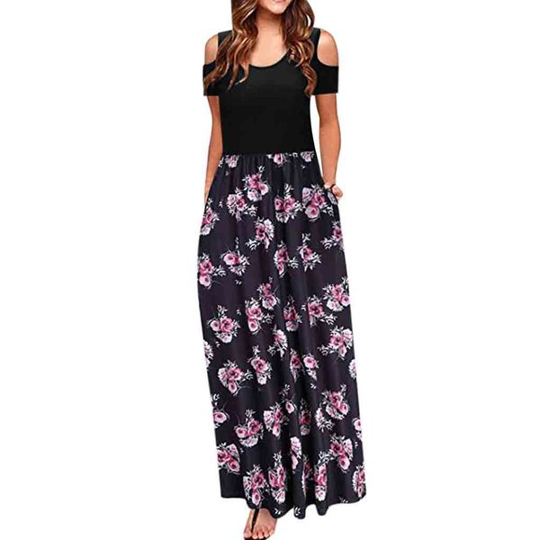 

women' cold shoulder pocket floral print elegant maxi short sleeve casual dress tropical beach vintage maxi floral dress#30, Black;gray