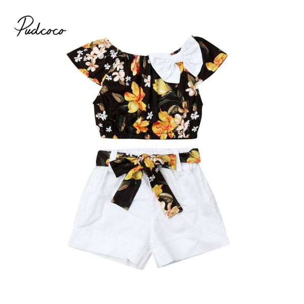 

pudcoco new spring summer floral children sleeveless t-shirt + solid shorts 2pcs kids suit fashion 1-5t children clothes, White