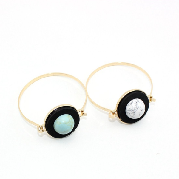 

light yellow gold color alloy round white howlite stone bangle for women green turquoises fashion jewelry, Black