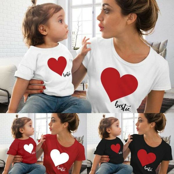 

summer family clothes mother and daughter matching outfits heart printed t-shirt women girl cotton short sleeve casual tops, Blue