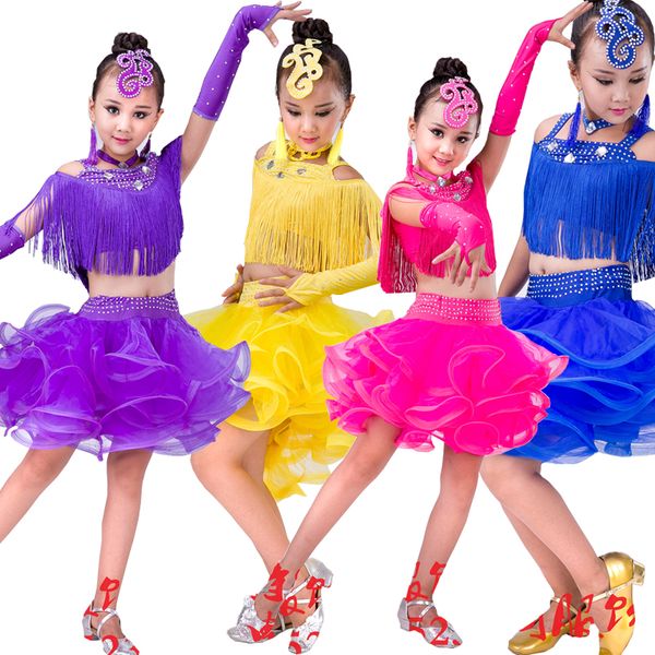 

child tassels latin professional sequined dancing dress outfits kids samba competition ballroom costumes salsa fringe dress, Black;red