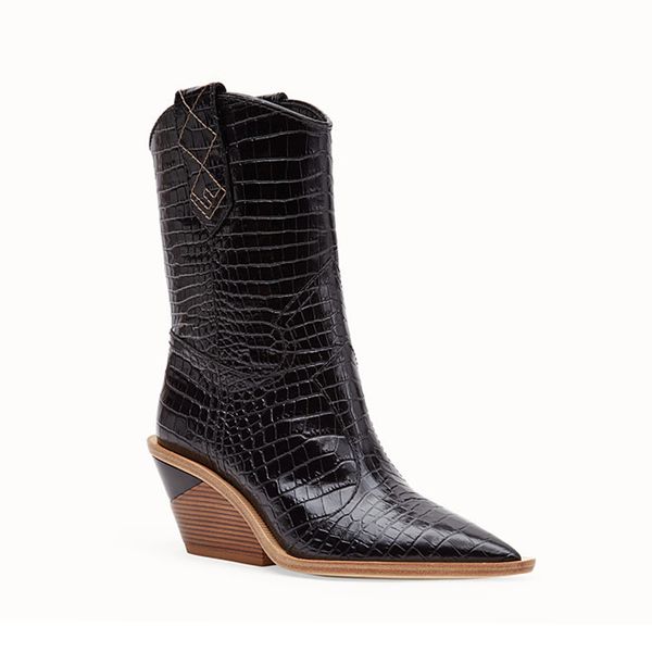 

2019 women's boots 22-26.5cm length calf boots pointed super fiber super high heel crocodile skin motorcycle, Black