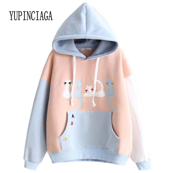 

женская кошка вышивка пэчворк толстовка с капюшоном хлопок толстовки 2020 весна новый harajuku с длинным рукавом повседневные свободные пуло, Black