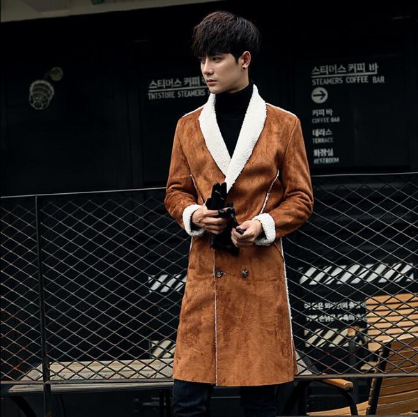 

2019 men suede double breasted trench coat men fur collar slim fit brown green black long overcoat male trench coat winte, Tan;black