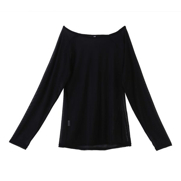 

women transparent hollow mesh net shirt long sleeve solid black shirts, White