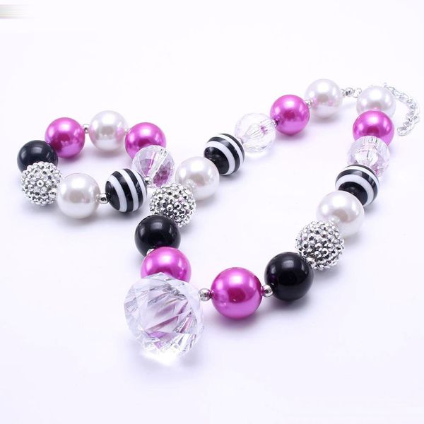 Mais novo jogo da jóia rosa quente + Negro Cor Chunky NecklaceBracelet Set Moda Beads Crianças menina Bubblegum Colar Bead Chunky