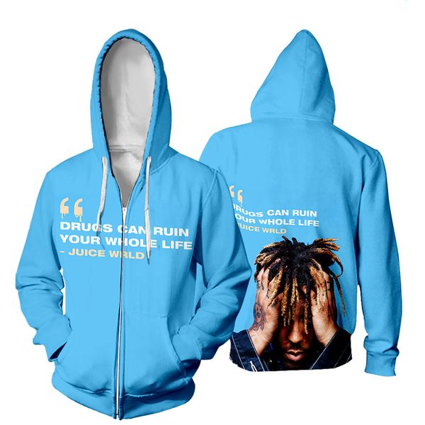 

juice wrld zipper jacket sky blue sweatshirt closing sleeves coat juice wrld fans hoodie hip hop personality streetwear 3d print, Black;brown