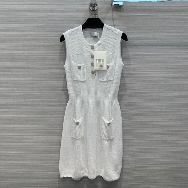 

новая мода элегантные трикотажные платья женщин лета бриллианты безрукавки кнопки карманы украшения высокого класса сплошной цвет вскользь п, Black;gray