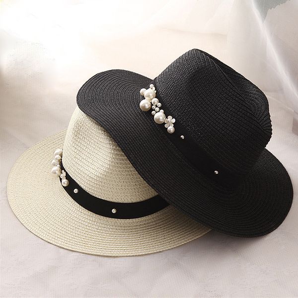 

2020 summer fashion jazz flat brim straw hat pearl beading fedoras women's sun-shading sunscreen panama hat outdoor beach, Blue;gray