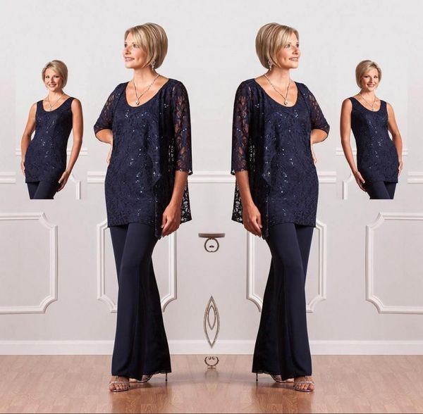 

modest navy blue mother of the bride suits with lace 3/4 sleeve jacket mother of the bride dress women pants suit, Black;red