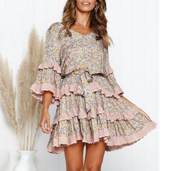 

ostrich daily casual sweet dress women boho floral print v-neck casual party sleeves mini princess summer and spring dress, Black;gray