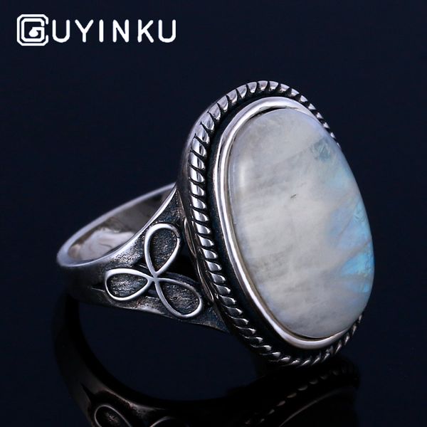 

guyinku natural moonstone gemstone rings solid 925 sterling silver jewelry for women romantic vintage party gift fine jewelry, Golden;silver