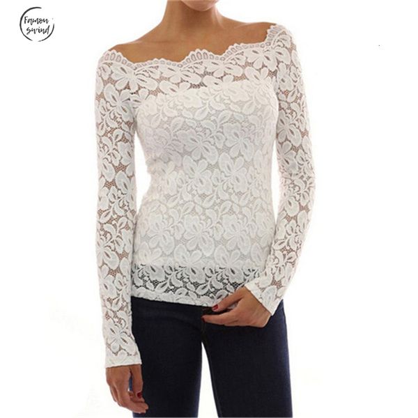

мода белый блузы 2019 лето женщины блузы с плеча женщина lace блуза шифон рубашки с длинным рукавом женщин, White