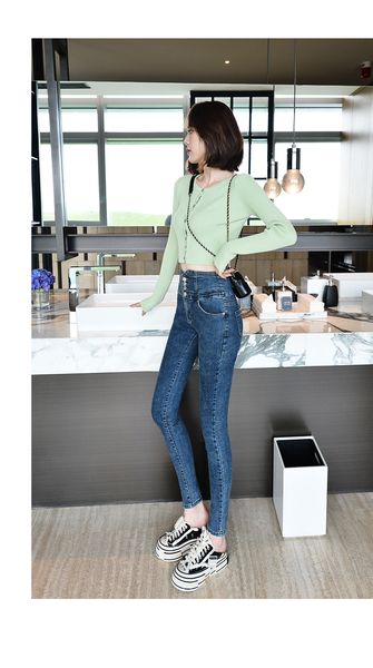 

blue female wide-legged pants jeans tide nine points loose straight