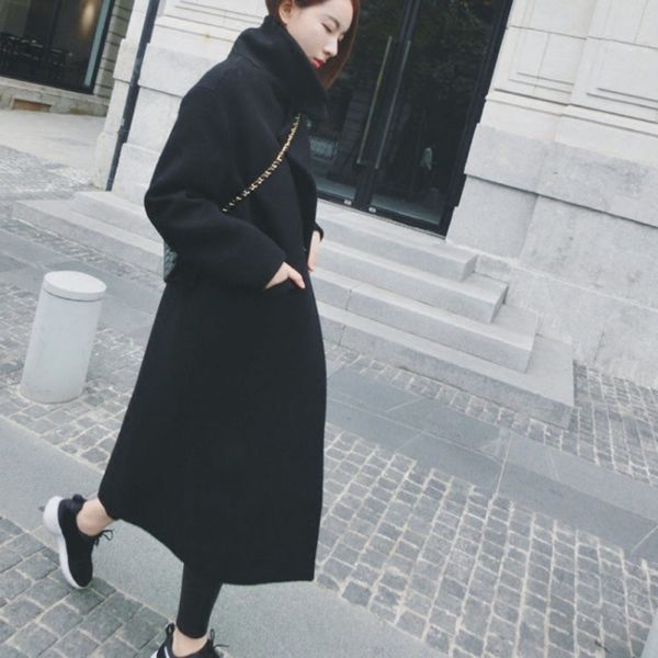 

women woolen coat warm long sleeve turn-down collar blend coats outwear ladies autumn winter casual elegant overcoat 2019, Black