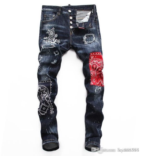 

european standing men's jeans, men's jeans, a pair of skinny jeans and black embroidered skulls#0015, Blue